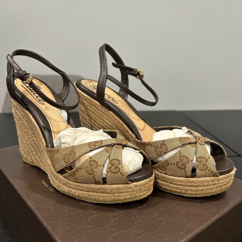 Gucci Tan and Brown Wedge Sandals